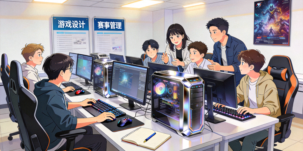 电竞教育课堂场景，学生在专业设备前学习游戏设计与赛事管理