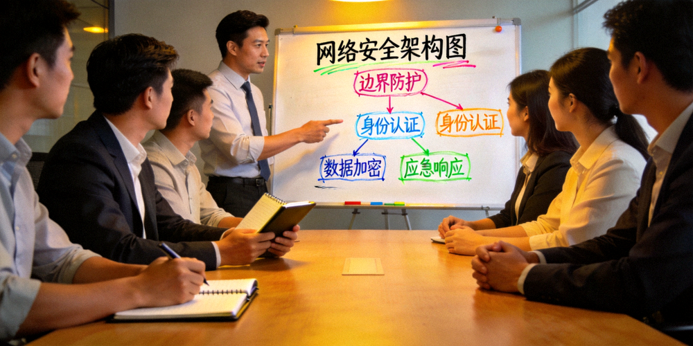 会议室中团队正在讨论网络安全策略，白板上画着安全架构图