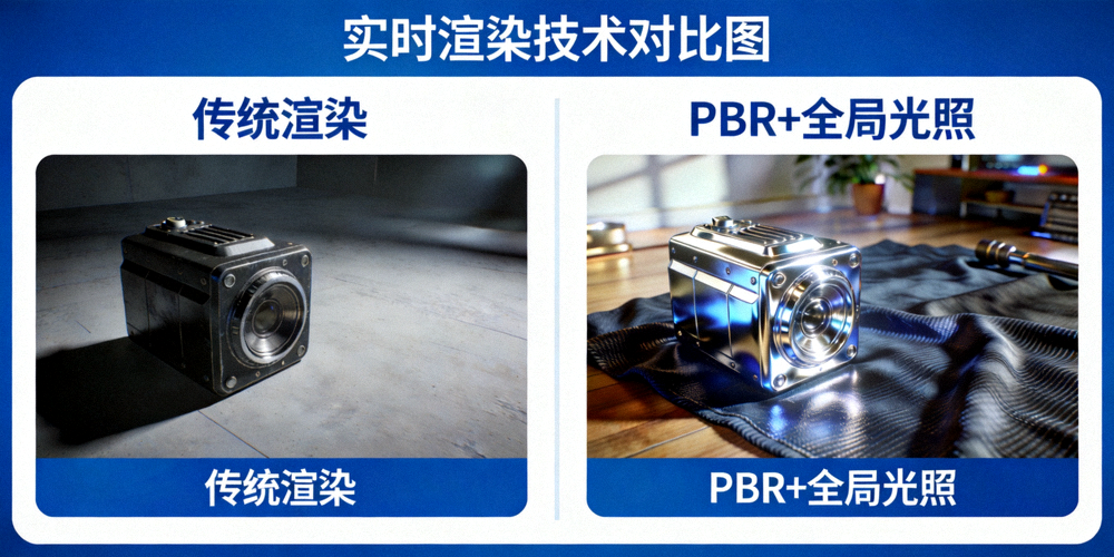 实时渲染技术对比图：左侧为传统渲染画面，右侧为应用PBR与全局光照后的逼真游戏场景