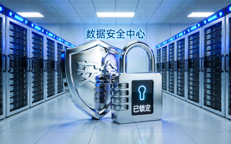 象征安全与信任的盾牌图标与数字锁，背景为数据中心