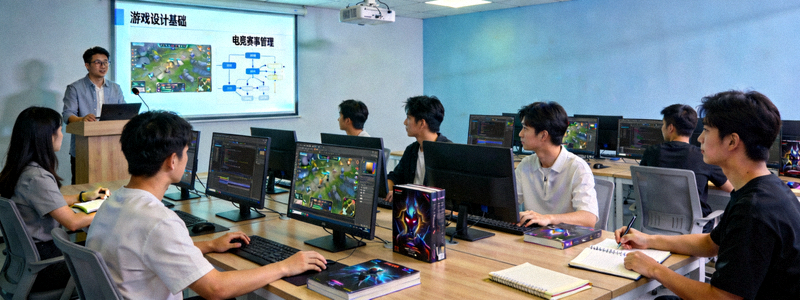 电竞教育课堂场景，年轻学员正在学习游戏设计与赛事管理知识