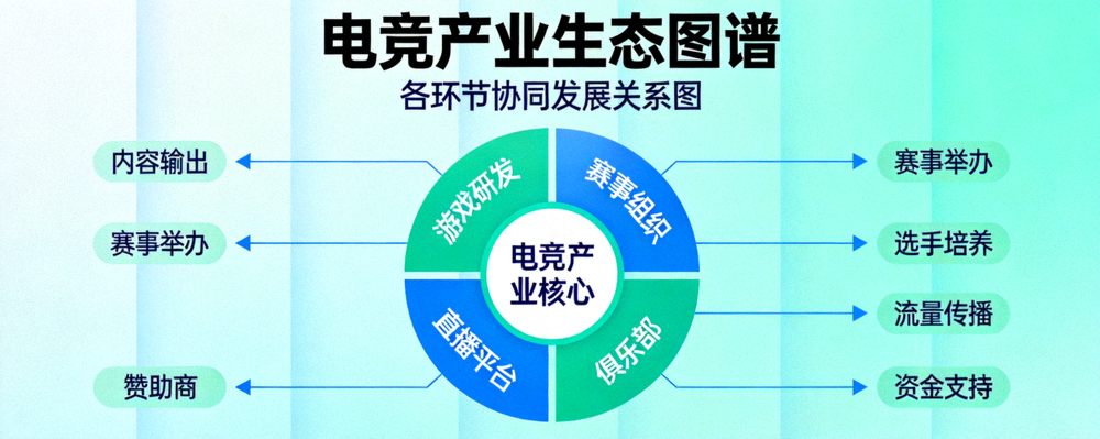 电竞产业生态图谱，展示游戏研发、赛事组织、俱乐部、直播平台、赞助商等各环节关系