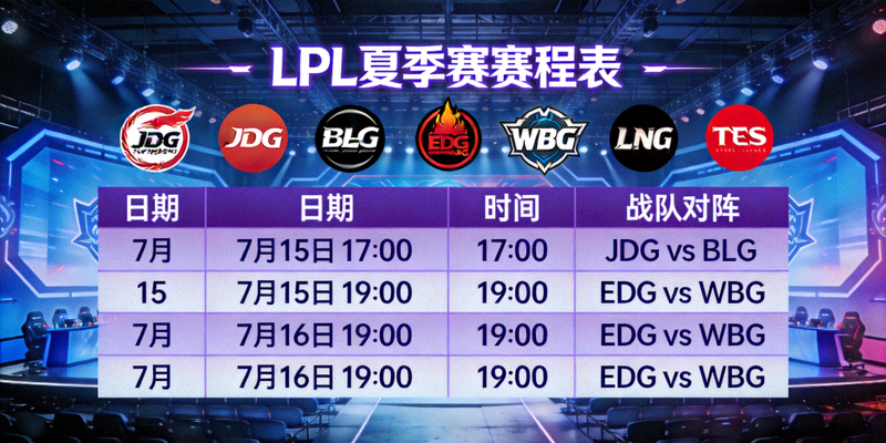 LPL夏季赛赛程表与各战队队标展示，背景为电竞舞台