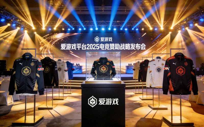 爱游戏平台2025电竞赞助战略发布会现场，舞台灯光璀璨，展示赞助战队队服