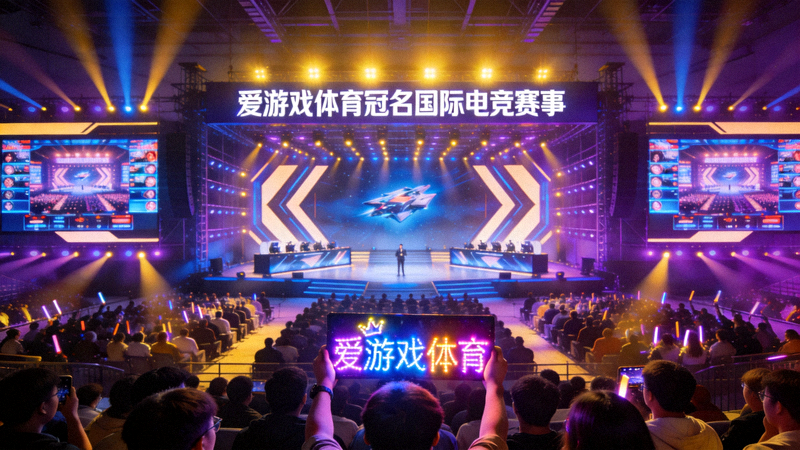 爱游戏体育冠名的国际电竞赛事现场，舞台灯光璀璨，观众热情高涨
