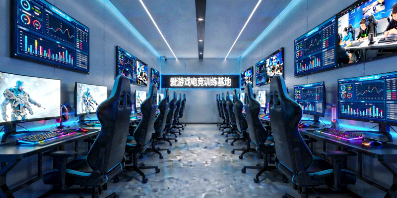 爱游戏赞助的电竞训练基地内景，配备高端电脑和数据分析屏幕