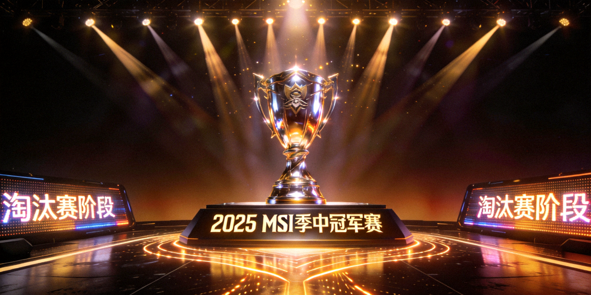 2025 MSI季中冠军赛淘汰赛阶段主视觉图，舞台灯光璀璨，奖杯居中闪耀