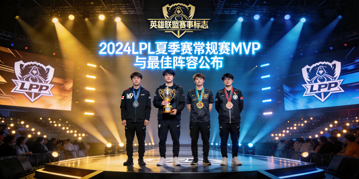 LPL夏季赛常规赛MVP与最佳阵容公布现场，舞台灯光璀璨，背景显示英雄联盟赛事标志