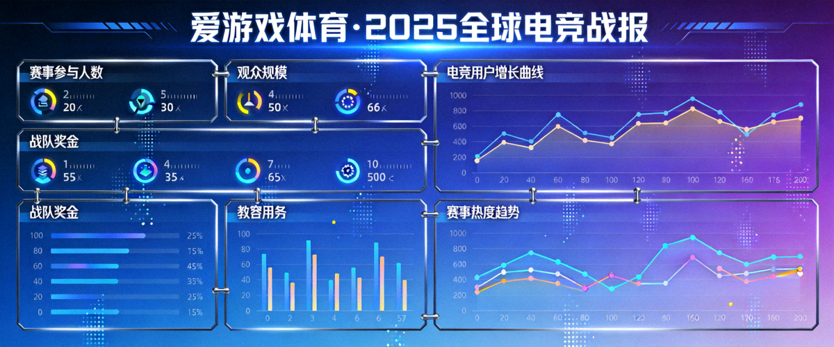 爱游戏体育数据可视化大屏，展示2025全球电竞战报的各项关键数据与增长曲线