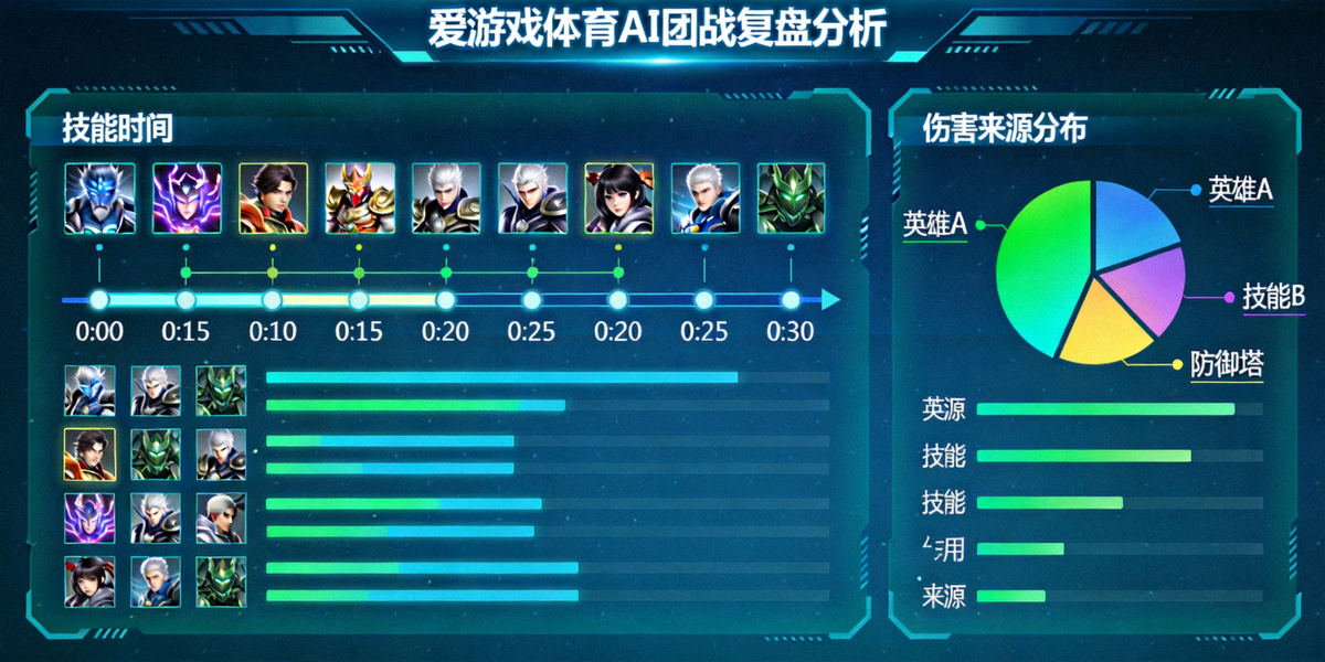 爱游戏体育AI智能分析生成的团战复盘界面，包含技能时间轴与伤害来源分布图