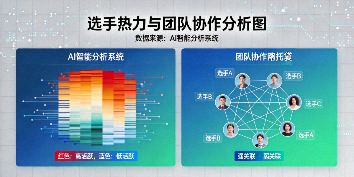 AI智能分析系统生成的选手热力图与团队协作网络拓扑图，展示复杂数据可视化