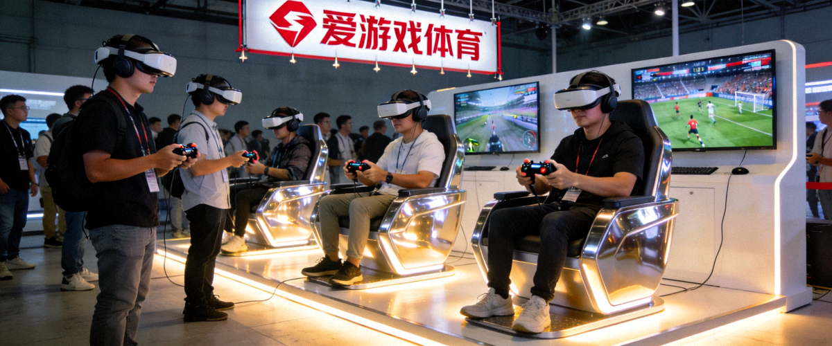 峰会展示区，爱游戏体育展台前参观者体验最新的VR电竞设备与赛事互动游戏