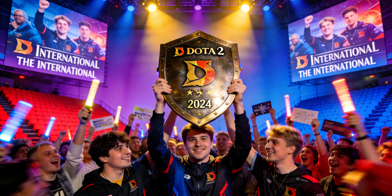 DOTA2国际邀请赛舞台，战队举起冠军盾牌，现场观众欢呼
