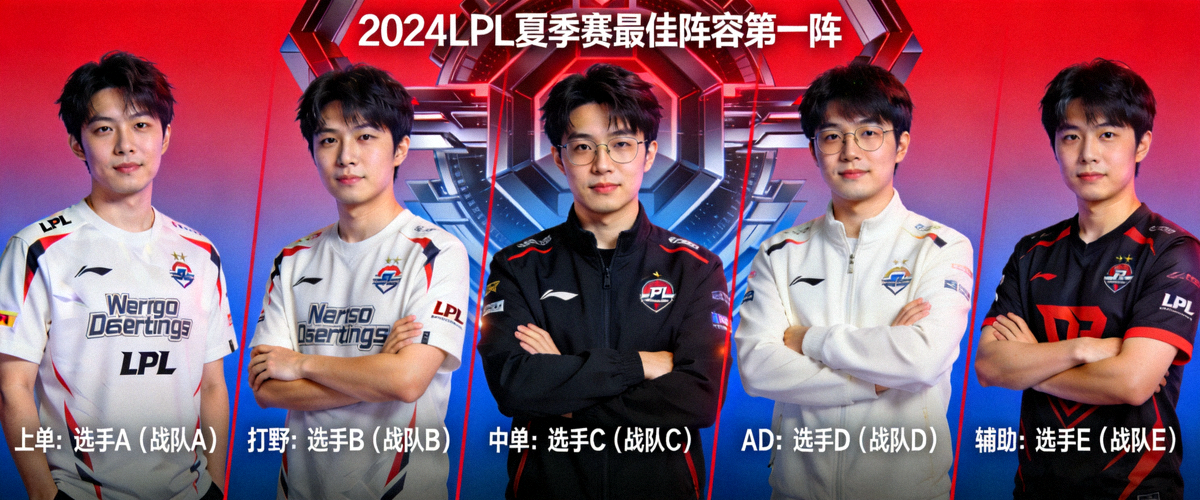 LPL夏季赛最佳阵容第一阵五位选手的合成海报，身着各自战队队服