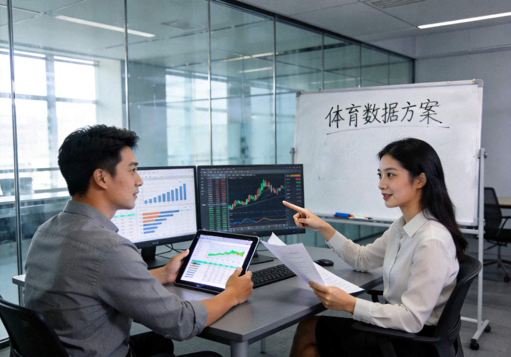 爱游戏体育官网团队办公场景，成员在现代化办公室内讨论体育数据方案