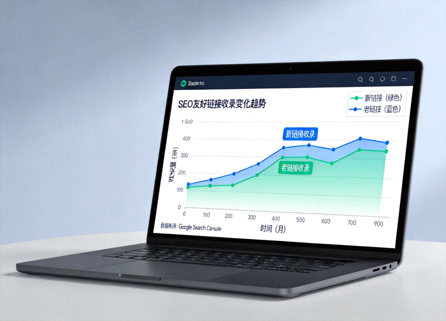 笔记本电脑屏幕上显示网站数据分析图表，用于观察SEO友好链接带来的收录变化