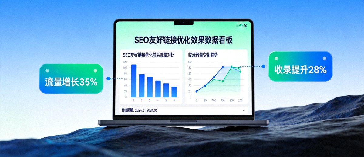 电脑屏幕上展示网站流量与收录数据看板，直观体现SEO友好链接优化后的效果