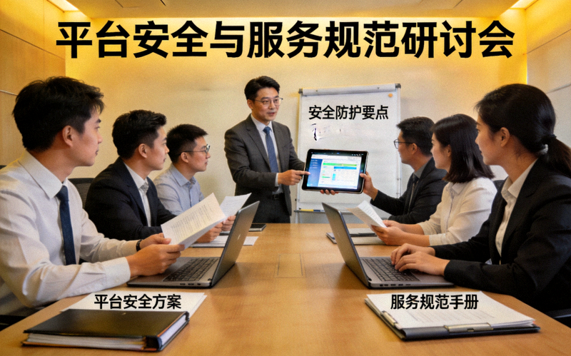 团队会议场景，工作人员讨论平台安全方案与服务规范