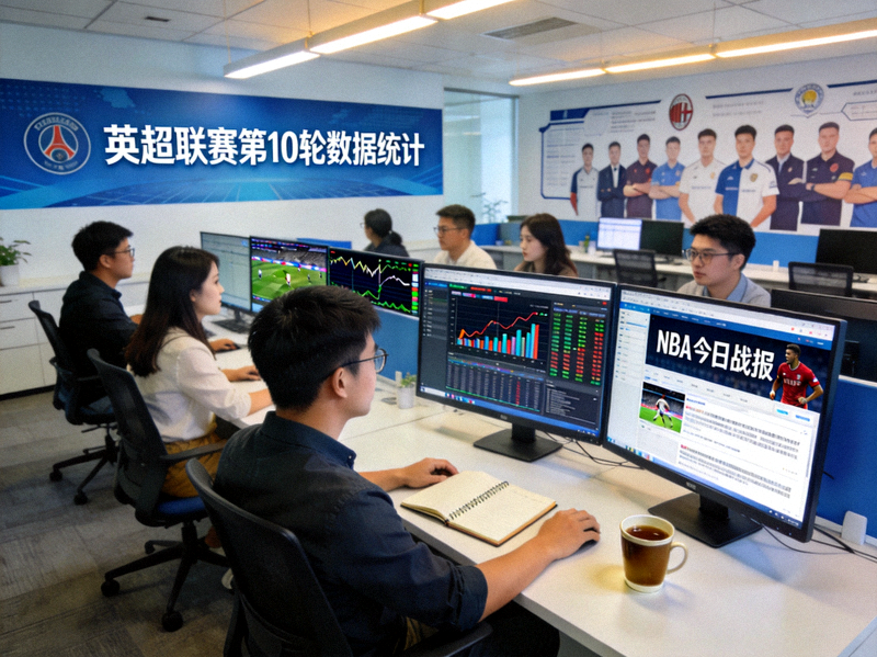 爱游戏体育资讯编辑团队办公场景，多块屏幕上展示赛事数据与新闻稿件