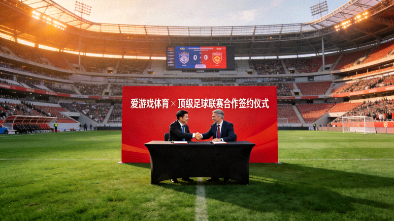 爱游戏体育官网与顶级足球联赛合作签约仪式现场，绿色草坪与球场全景