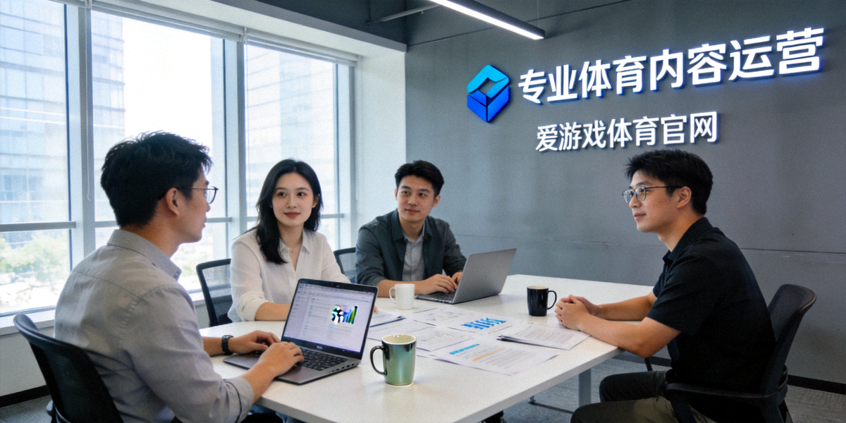 爱游戏体育官网团队协作办公场景，工作人员在现代化办公室中讨论内容运营方案