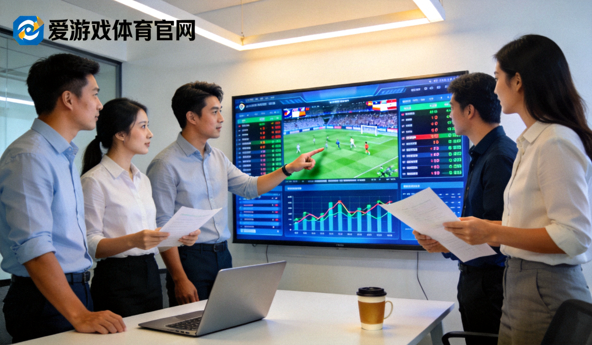 爱游戏体育官网办公团队协作场景，成员围绕体育数据大屏进行讨论