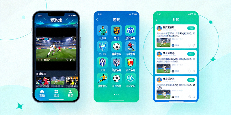 爱游戏平台移动端APP界面截图，展示直播、游戏、社区等丰富的体育娱乐功能